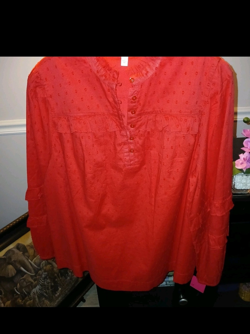 Crown & Ivy Red Ruffle-Front Top Button Blouse With Ruffle Neck And Sleeves - Picture 11 of 16
